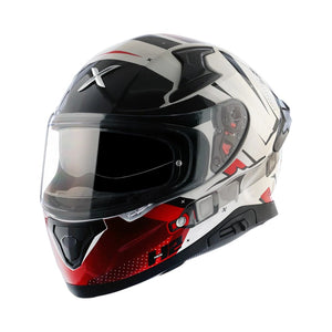 Motodrift Axor Apex Hex-2 full-face motorcycle helmet in white, black, and red with futuristic angular graphics.
