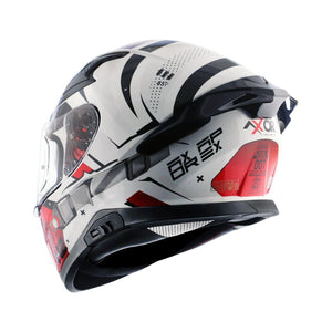 Motodrift Axor Apex Hex-2 full-face motorcycle helmet in white with black and red geometric graphic design