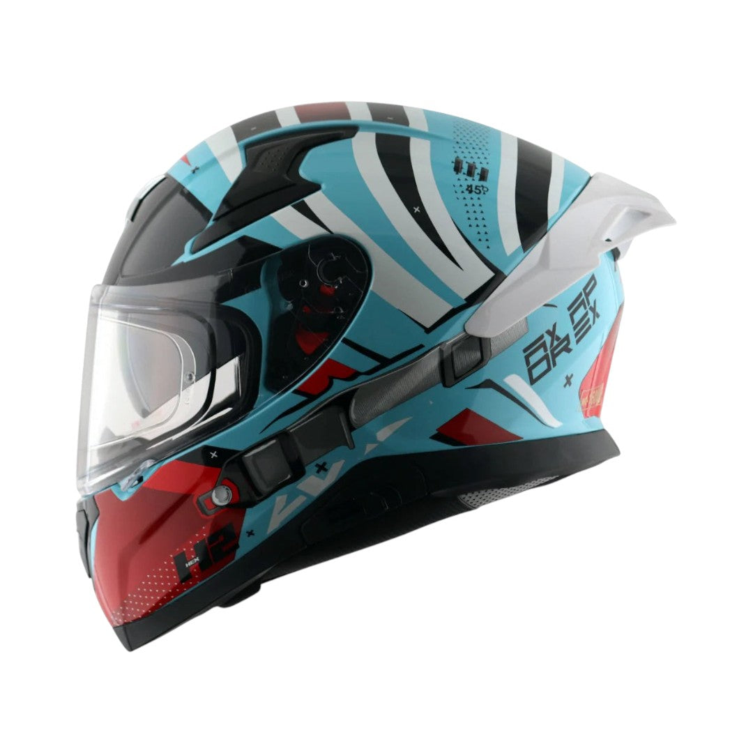Motodrift Axor Apex Hex-2 full-face motorcycle helmet in blue, white, and red with futuristic angular prism graphics.