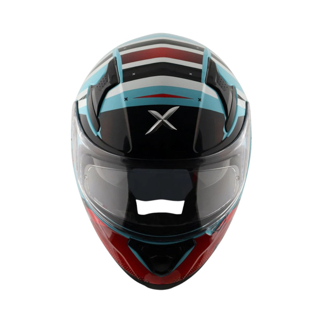 Motodrift Axor Apex Hex-2 full-face motorcycle helmet with futuristic angular graphic, visor, and ventilation system.