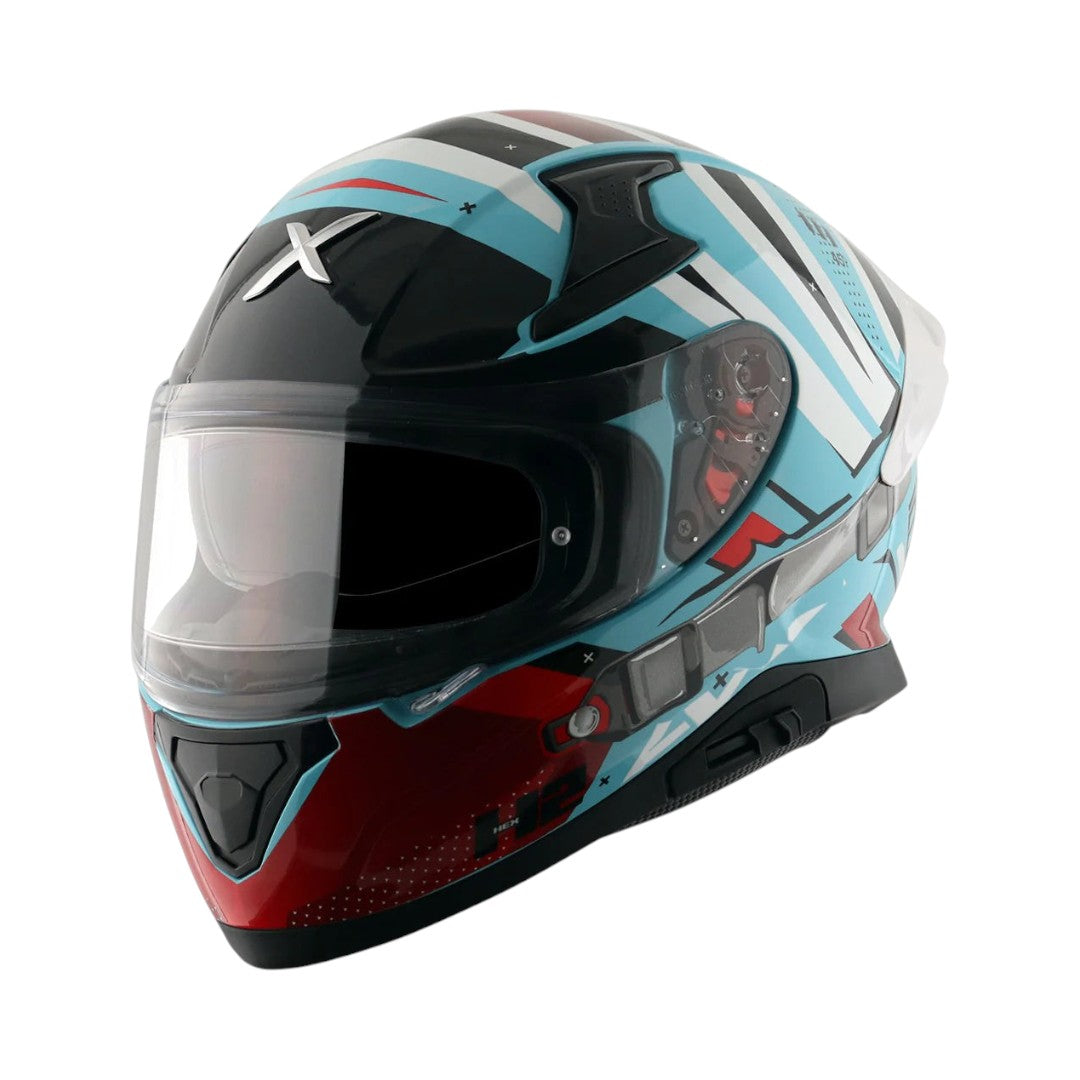 Motodrift Axor Apex Hex-2 full-face helmet with blue, black, and red futuristic angular graphic design