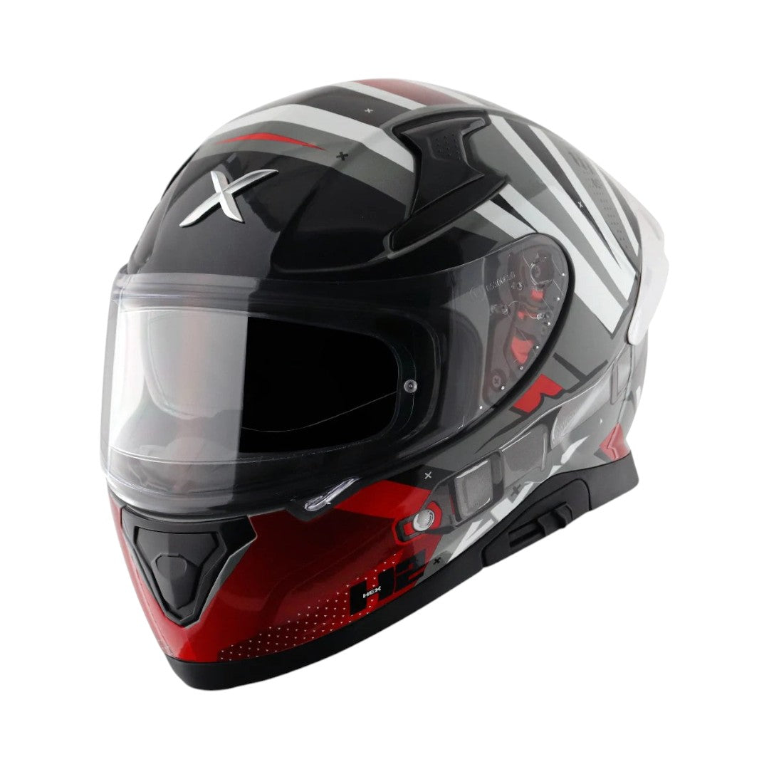 Motodrift Axor Apex Hex-2 full-face motorcycle helmet in black, white, and red with futuristic angular graphics.