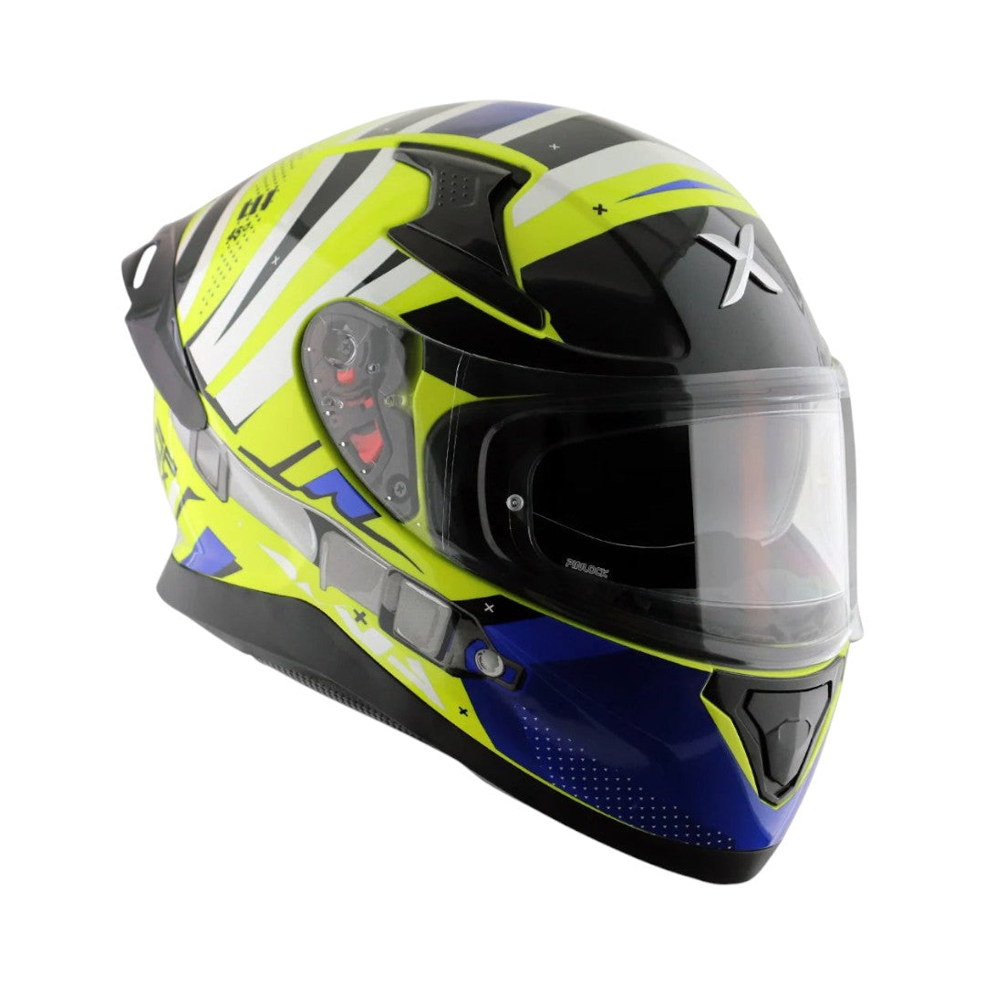 Motodrift Axor Apex Hex-2 full-face motorcycle helmet in neon yellow, black, and blue with angular graphic design