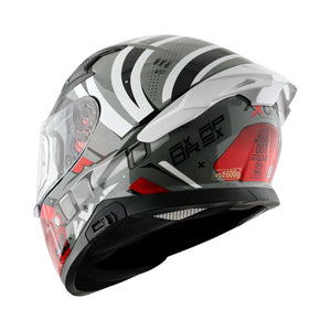 Motodrift Axor Apex Hex-2 full-face motorcycle helmet in grey with angular white and red futuristic graphic design