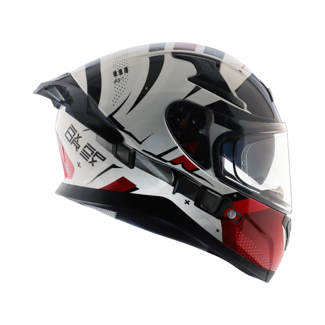 Motodrift Axor Apex Hex-2 full-face motorcycle helmet in white, black, and red with futuristic angular graphics.