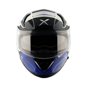 Motodrift Axor Apex Hex-2 full-face motorcycle helmet in black, white, and blue with a futuristic graphic design.