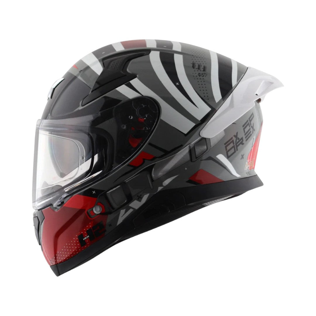 Motodrift Axor Apex Hex-2 full-face motorcycle helmet in black, white, and red with futuristic angular graphic design.