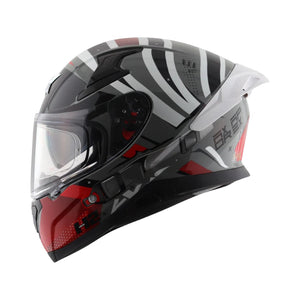 Motodrift Axor Apex Hex-2 full-face motorcycle helmet in black, white, and red with futuristic angular graphic design.