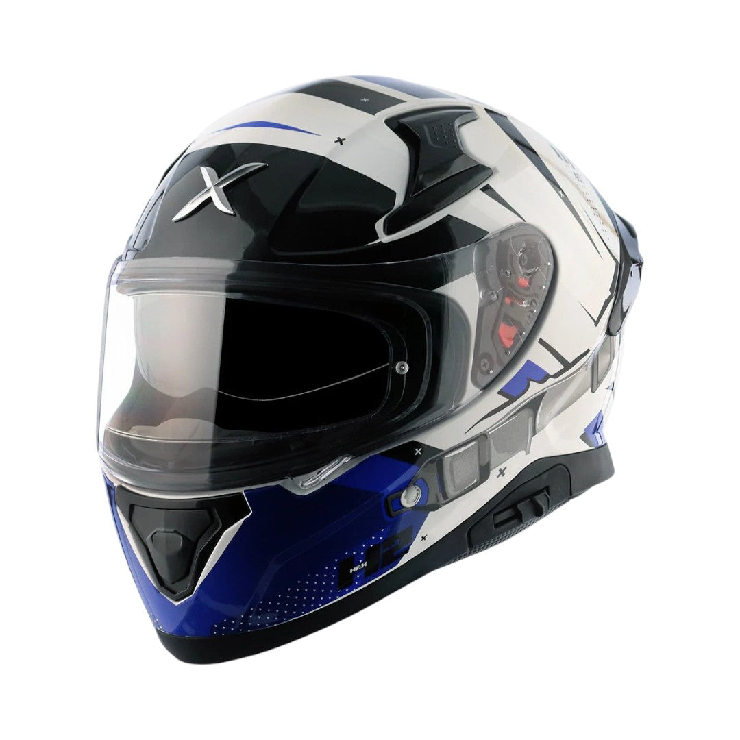 Motodrift Axor Apex Hex-2 full-face motorcycle helmet in white, black, and blue with futuristic angular graphics.