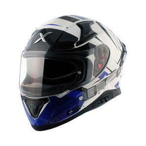 Motodrift Axor Apex Hex-2 full-face motorcycle helmet in white, black, and blue with futuristic angular graphics.