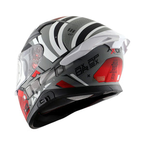 Motodrift Axor Apex Hex-2 full-face helmet in grey, white, and red with futuristic angular graphics and rear spoiler.