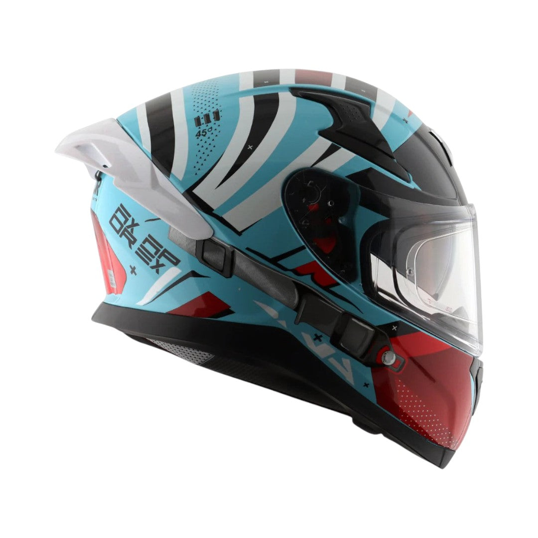 Motodrift Axor Apex Hex-2 full-face motorcycle helmet in blue, black, and red with futuristic angular graphic design.