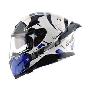 Motodrift Axor Apex Hex-2 full-face motorcycle helmet in white and blue with futuristic angular graphic design