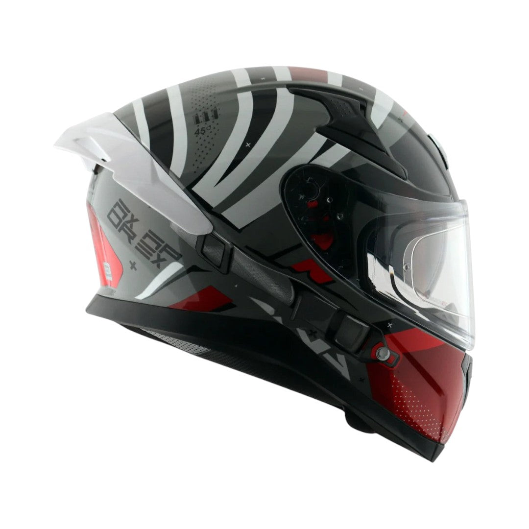 Motodrift Axor Apex Hex-2 full-face motorcycle helmet in black, white, and red with futuristic angular graphic design