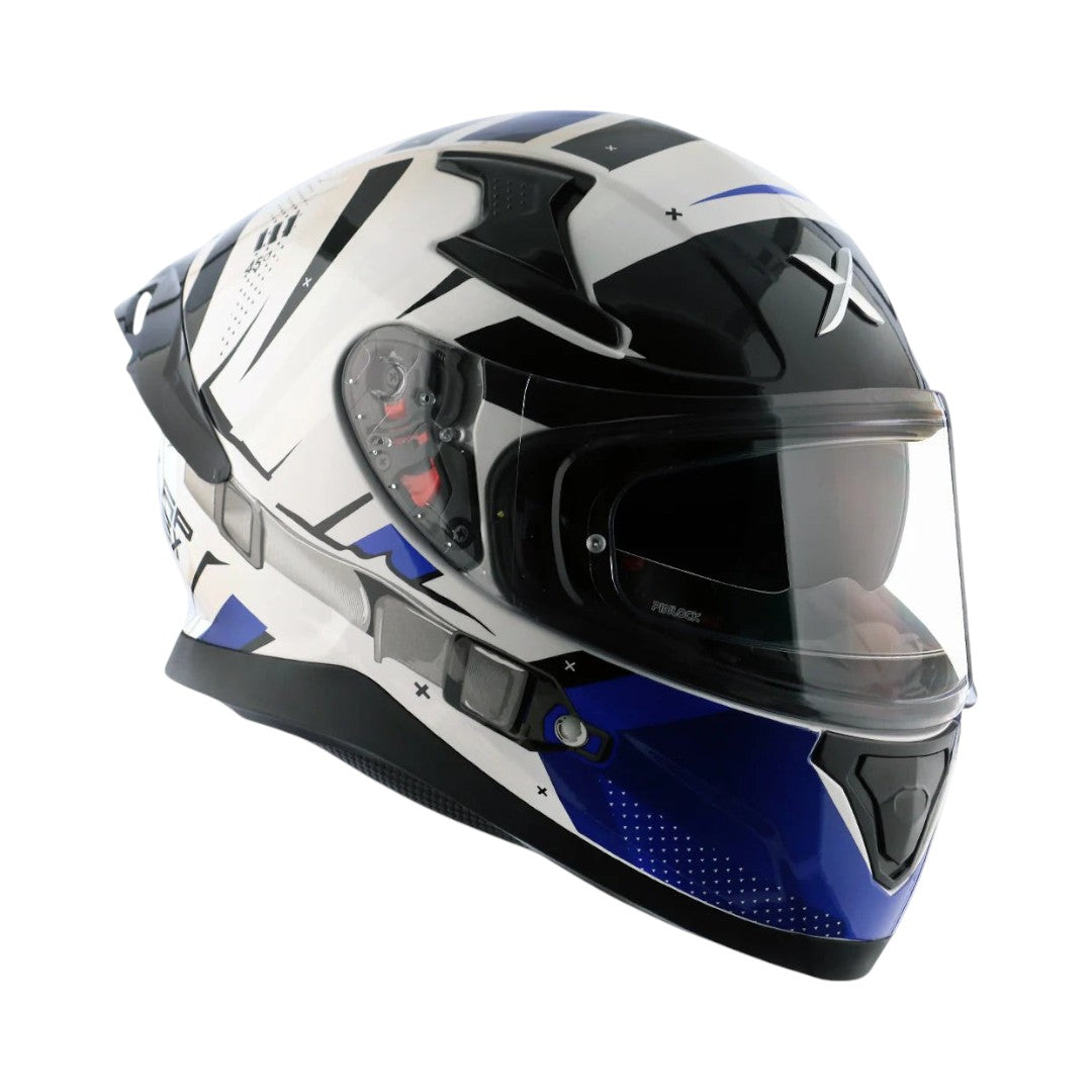 Motodrift Axor Apex Hex-2 full-face motorcycle helmet in white, black, and blue with futuristic angular graphics