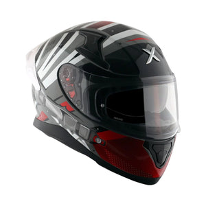 Motodrift Axor Apex Hex-2 full-face motorcycle helmet in black, white, and red with futuristic angular graphic design.