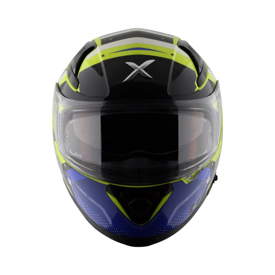 Motodrift Axor Apex Hex-2 full-face helmet in black, blue, and neon yellow with angular graphic design