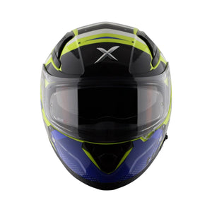 Motodrift Axor Apex Hex-2 full-face helmet in black, blue, and neon yellow with angular graphic design