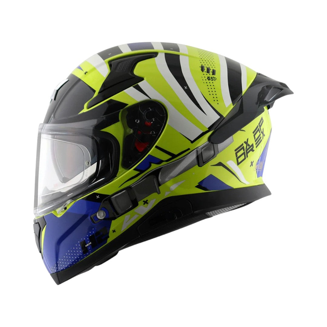 Motodrift Axor Apex Hex-2 full-face motorcycle helmet in lime green, blue, and black with angular graphic design