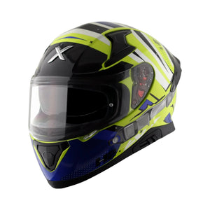 Motodrift Axor Apex Hex-2 full-face helmet in black, blue, and neon yellow with angular graphic design
