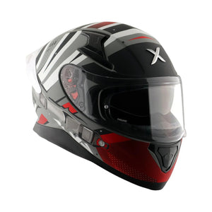 Motodrift Axor Apex Hex-2 full-face motorcycle helmet with black, grey, and red futuristic angular graphic design.