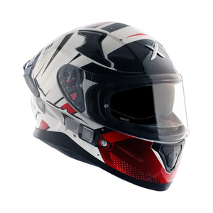 Motodrift Axor Apex Hex-2 full-face motorcycle helmet with white, black, and red futuristic graphic design