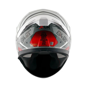 Motodrift Axor Apex Hex-2 full-face helmet in grey and white with red accents, viewed from the back.