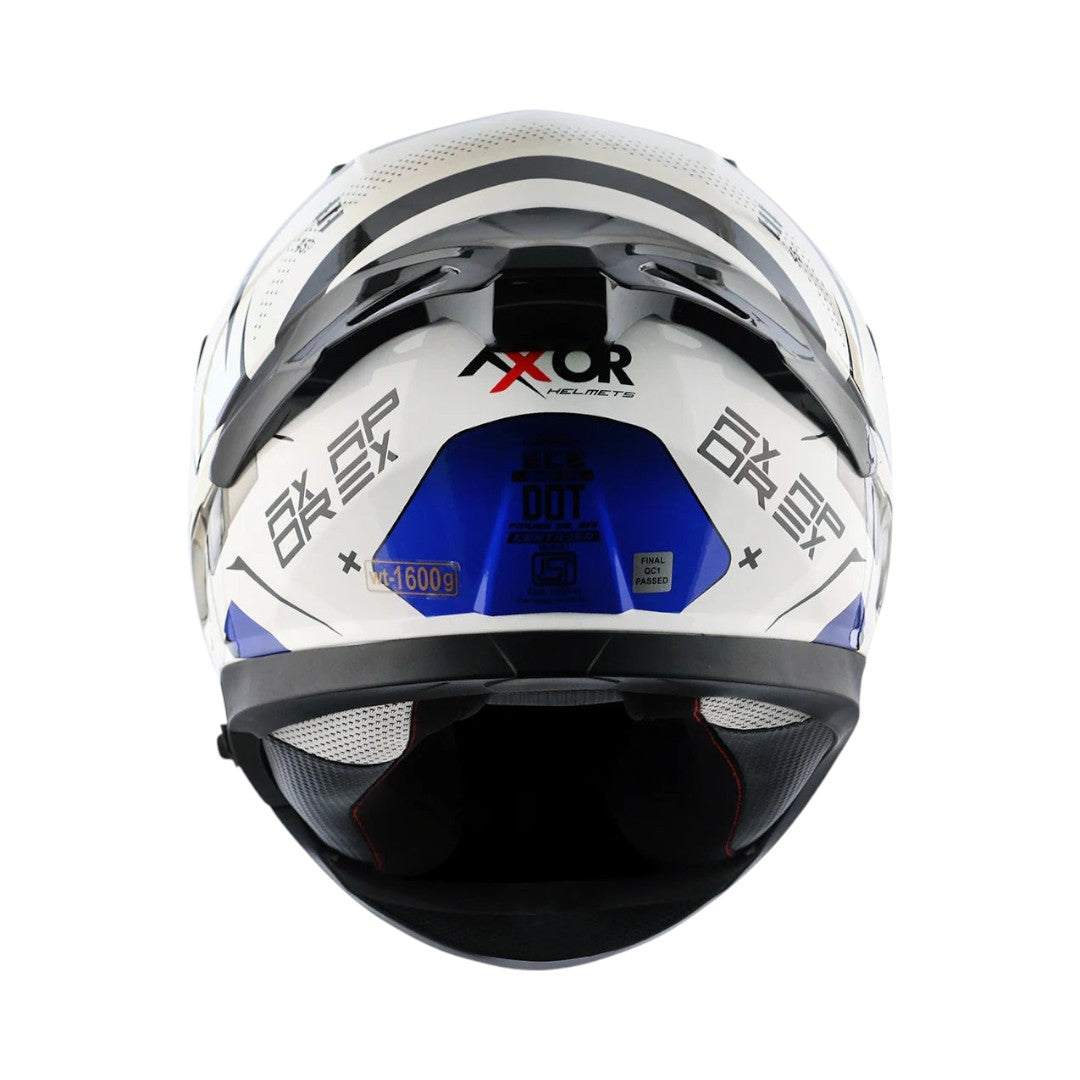 Motodrift Axor Apex Hex-2 full-face motorcycle helmet in white and blue with angular graphic design, rear view