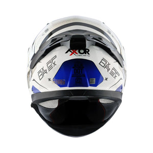 Motodrift Axor Apex Hex-2 full-face motorcycle helmet in white and blue with angular graphic design, rear view