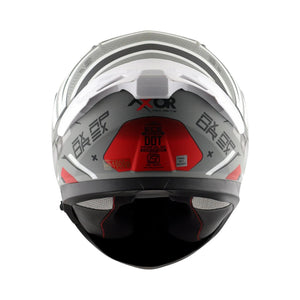 Motodrift Axor Apex Hex-2 full-face motorcycle helmet in grey, white, and red with rear ventilation and safety labels.