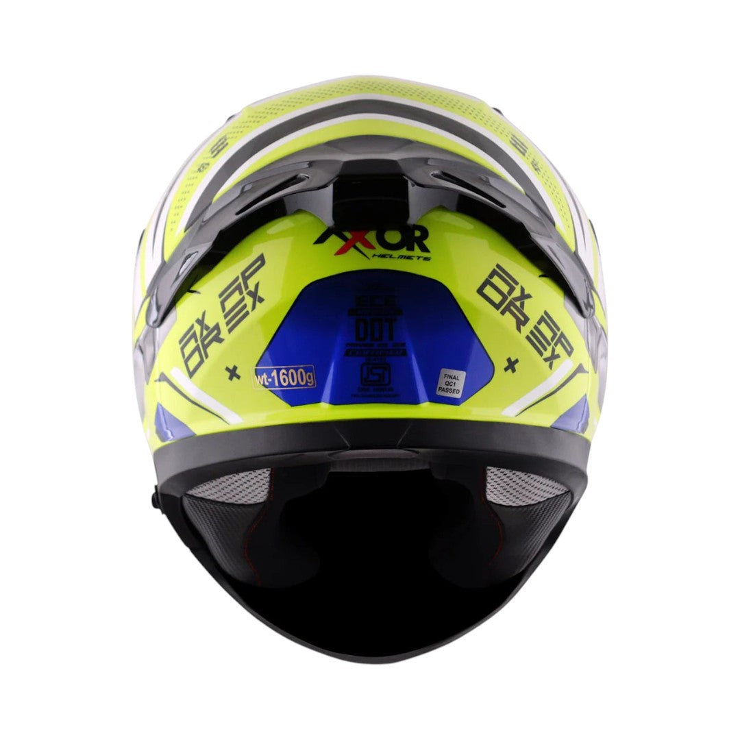 Motodrift Axor Apex Hex-2 full-face helmet in neon yellow and black with angular graphic design, rear view