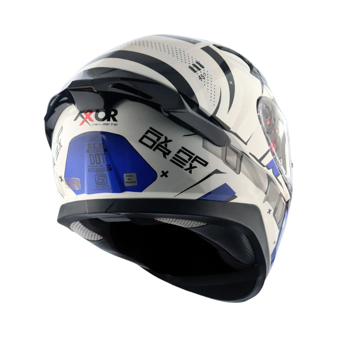 Motodrift Axor Apex Hex-2 full-face motorcycle helmet in white with blue and black angular graphic design, rear view