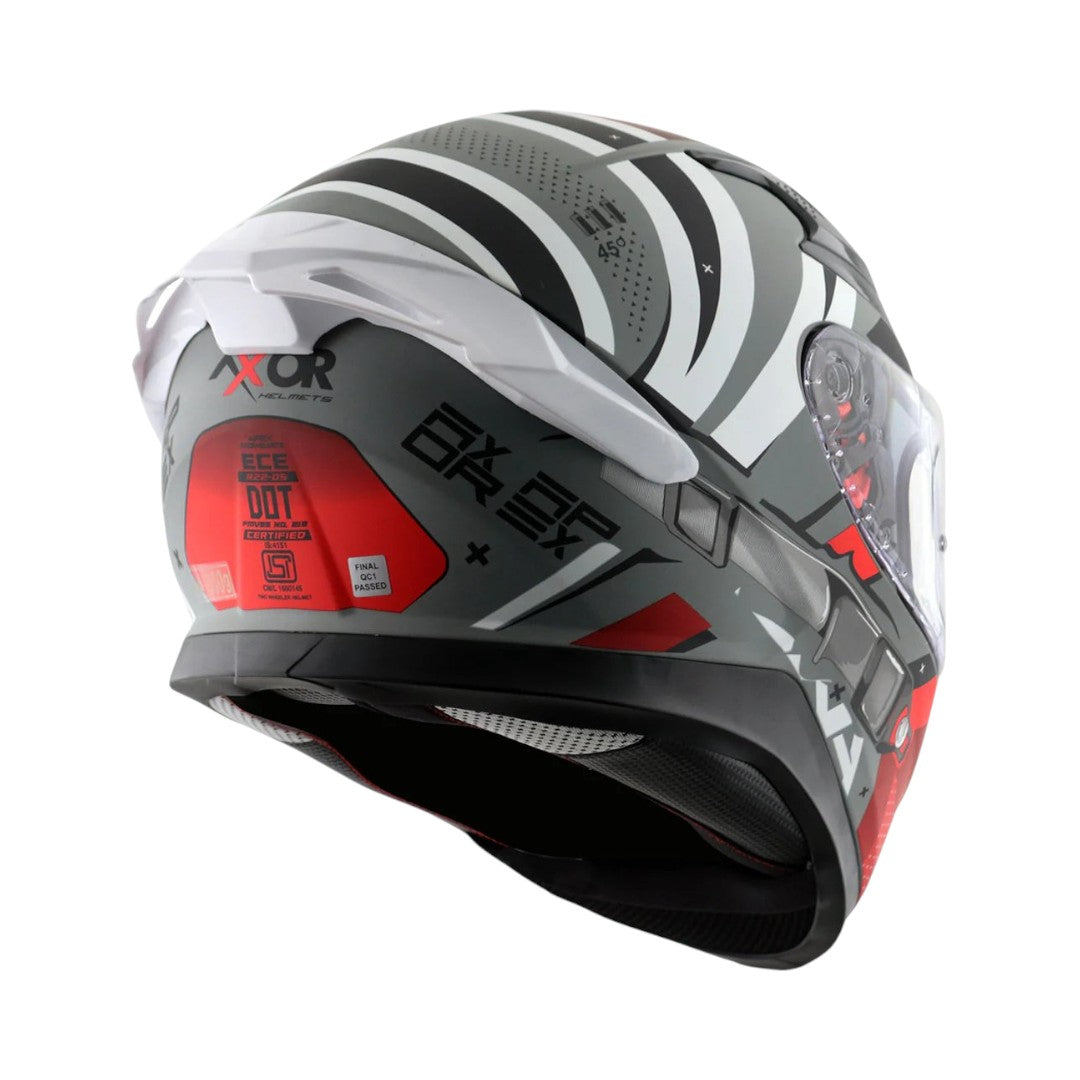 Motodrift Axor Apex Hex-2 full-face helmet in grey and red with futuristic angular graphics and rear spoiler