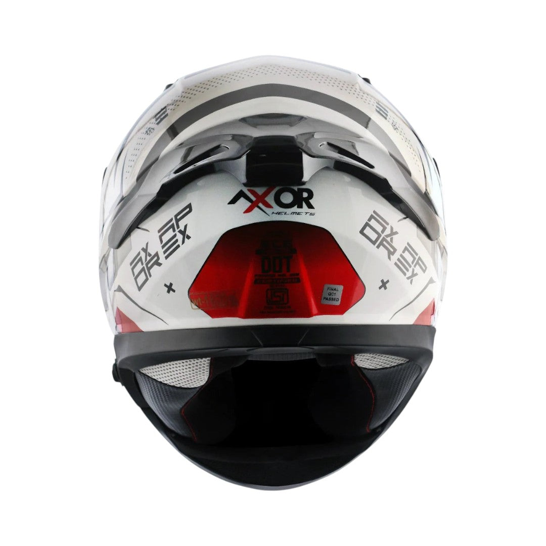 Motodrift Axor Apex Hex-2 full-face helmet in white with red accents and futuristic graphic design, rear view.