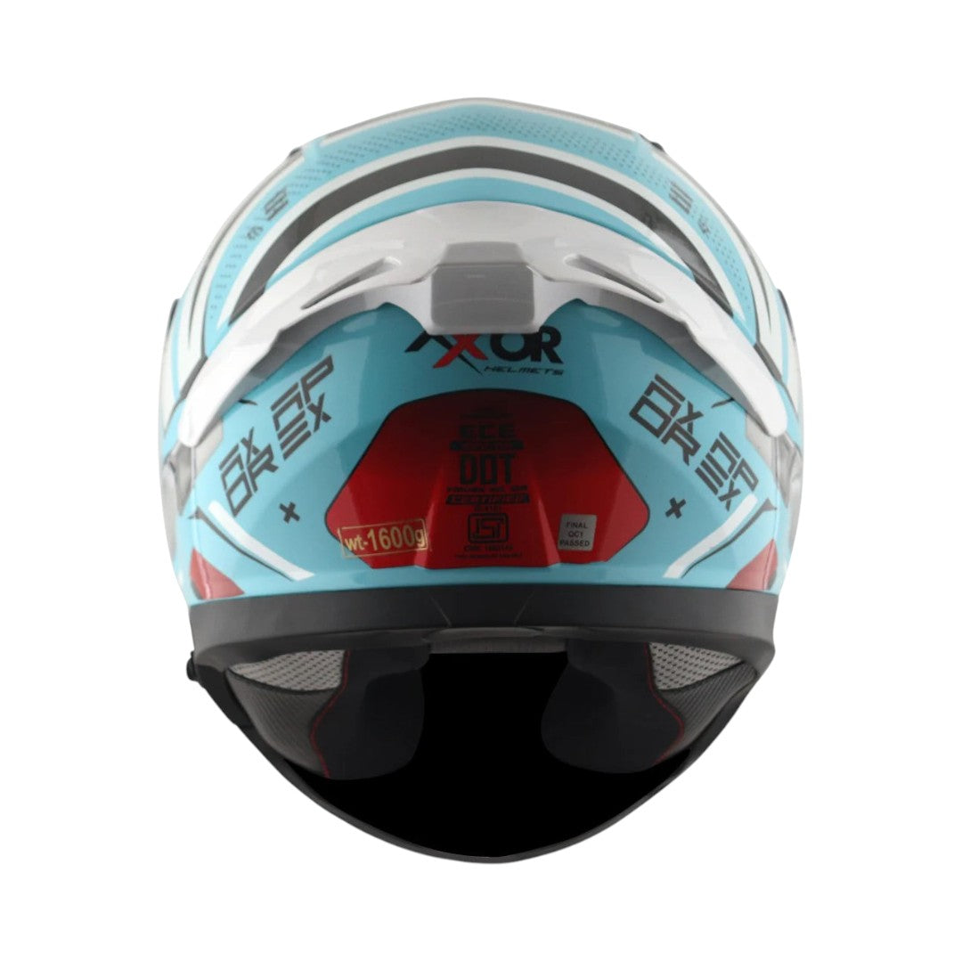 Motodrift Axor Apex Hex-2 full-face motorcycle helmet in light blue and white with angular graphic rear view