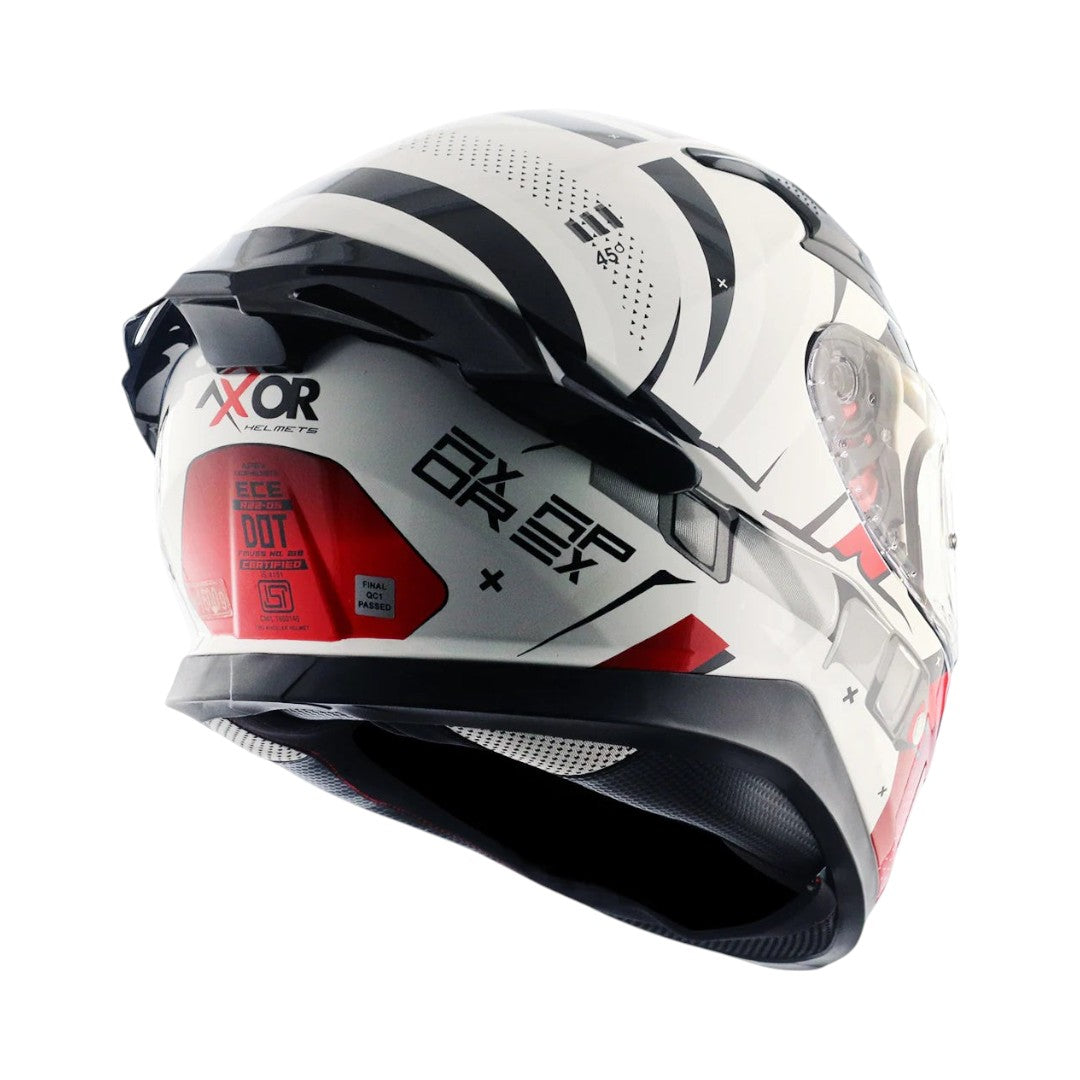 Motodrift Axor Apex Hex-2 full-face motorcycle helmet in white with black and red futuristic angular graphic design