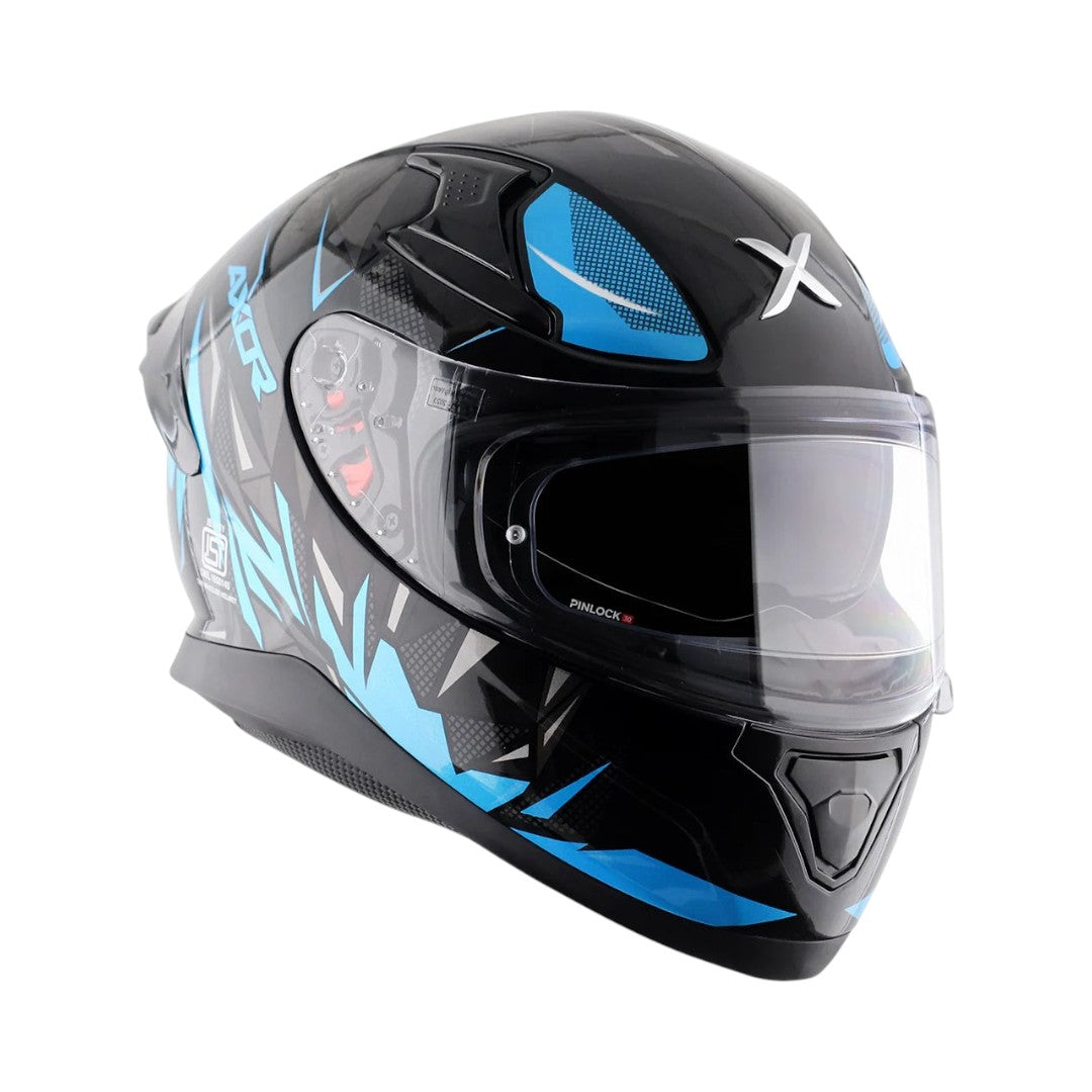 Motodrift Axor Apex Hunter full-face motorcycle helmet in black with blue prism graphics and clear visor