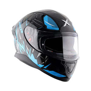 Motodrift Axor Apex Hunter full-face motorcycle helmet in black with blue prism graphics and clear visor
