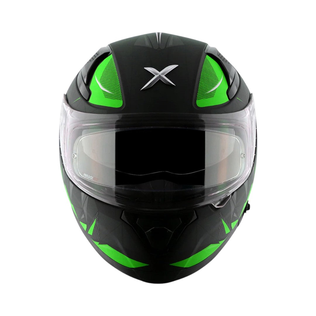 Motodrift Axor Apex Hunter full-face motorcycle helmet in black with vibrant green angular prism graphic details