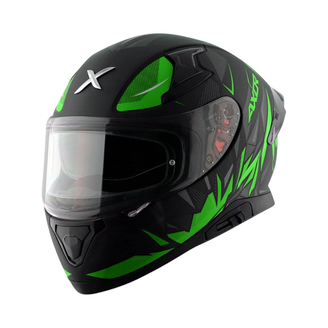 Motodrift Axor Apex Hunter full-face motorcycle helmet in matte black with vibrant green angular graphic patterns.