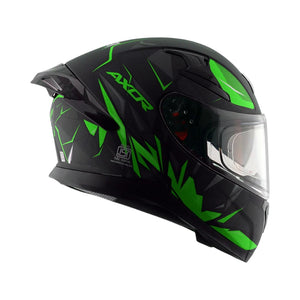 Motodrift Axor Apex Hunter full-face motorcycle helmet in black with vibrant green angular prism graphic design