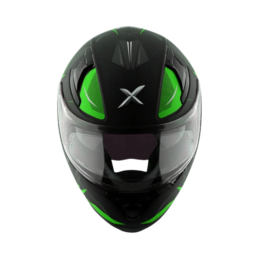 Motodrift Axor Apex Hunter full-face motorcycle helmet in black and green with angular prism graphics and clear visor