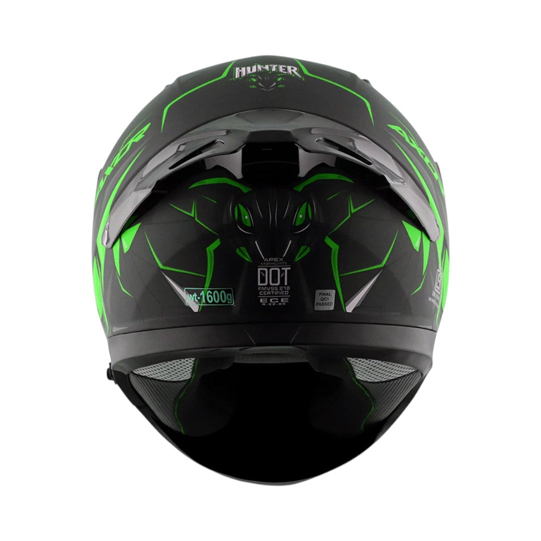 Motodrift Axor Apex Hunter full-face motorcycle helmet in matte black with vibrant green angular prism graphics