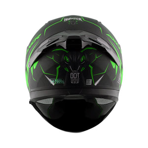 Motodrift Axor Apex Hunter full-face motorcycle helmet in matte black with vibrant green angular prism graphics