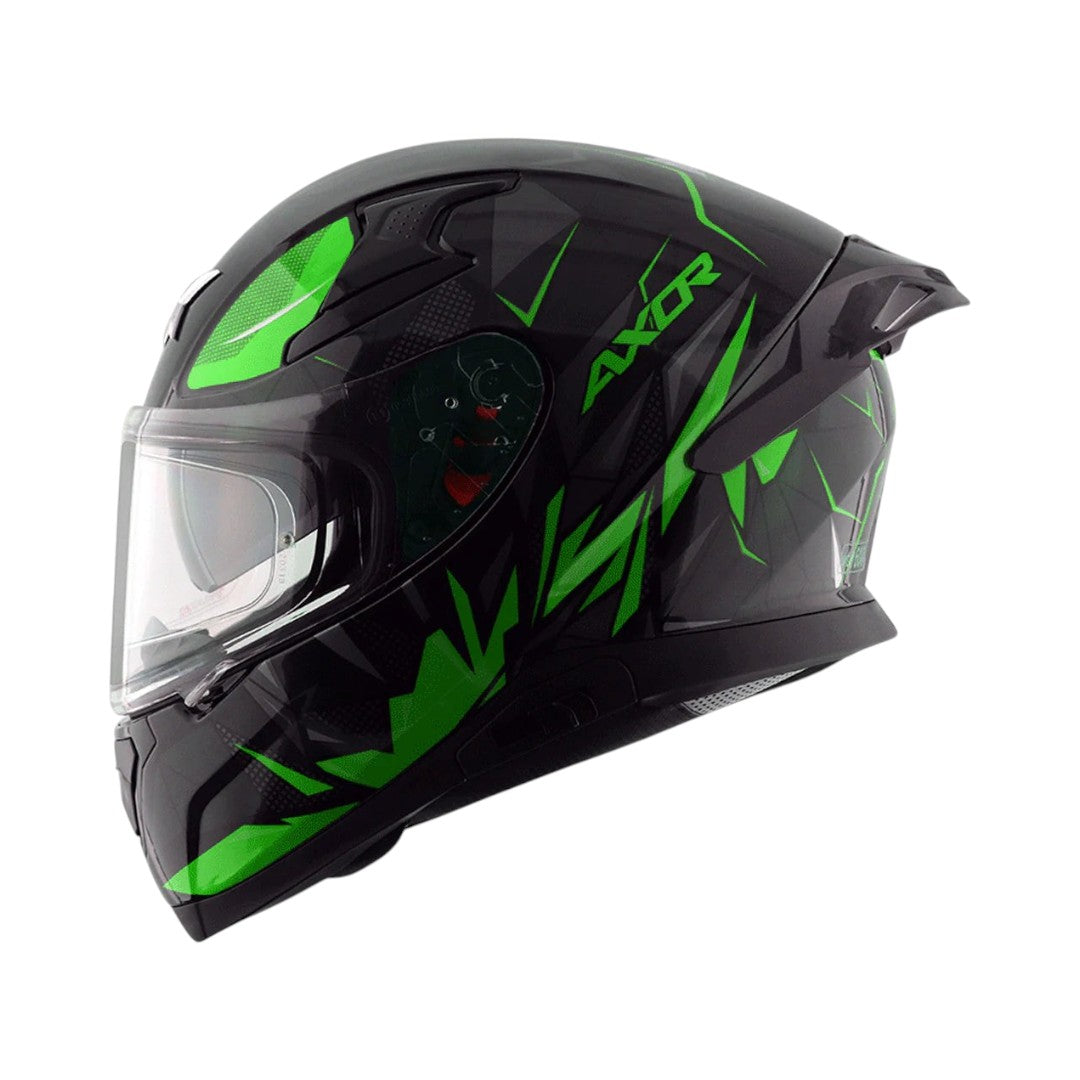 Motodrift Axor Apex Hunter full-face motorcycle helmet in black with vibrant green angular prism graphic design