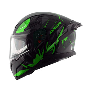 Motodrift Axor Apex Hunter full-face motorcycle helmet in black with vibrant green angular prism graphic design
