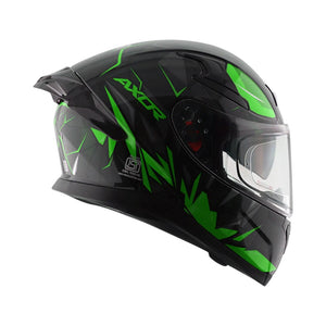Motodrift Axor Apex Hunter full-face helmet in black and green with angular prism graphics and clear visor