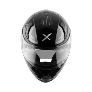 Motodrift Axor Apex Hunter full-face helmet in black with futuristic angular prism graphics and clear visor