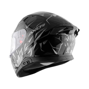 Motodrift Axor Apex Hunter full-face motorcycle helmet in black with angular prism graphics and rear spoiler