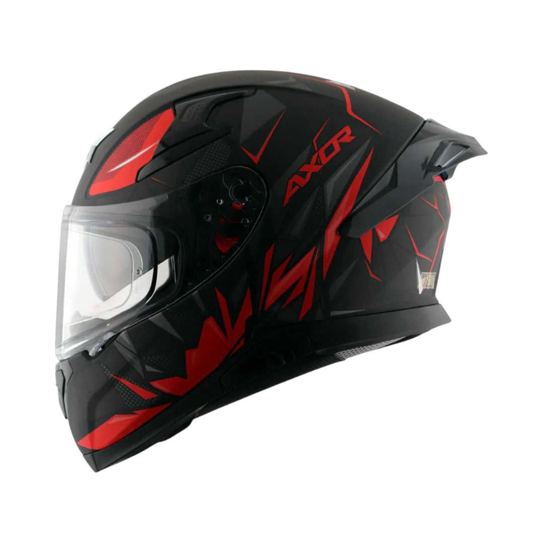 Motodrift Axor Apex Hunter full-face motorcycle helmet in black and red with angular prism graphics and clear visor.